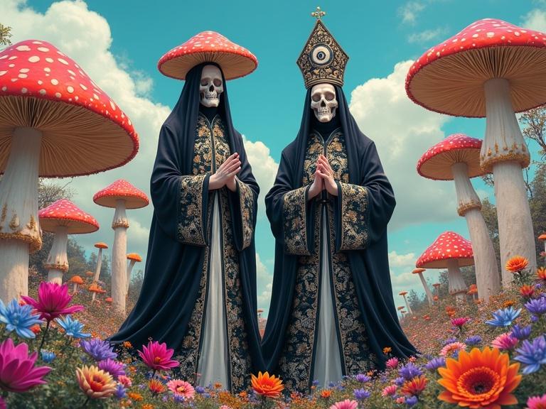 Surreal art displays two robed figures with mushroom heads in a colorful landscape. Giant mushrooms and flowers surround them. One figure holds a small object while the other gestures dramatically. Artwork reflects themes of spirituality and nature balance. Hyper-detailed textures contrast with vibrant colors.