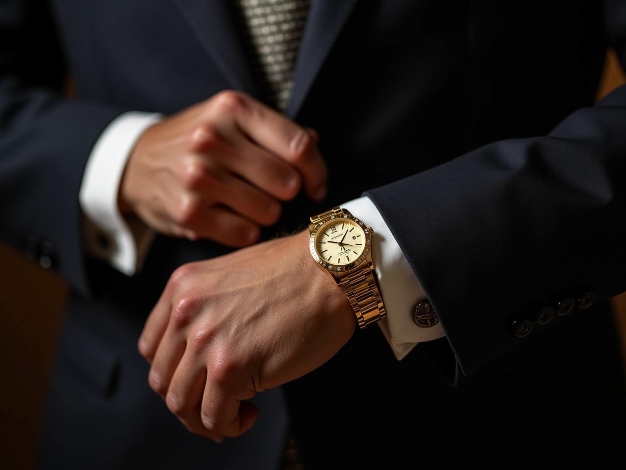 A luxurious gold watch featuring a detailed design with diamond accents is placed on the wrist of an elegant man. The man has a well-groomed appearance, sporting a tailored suit with a stylish shirt and tie. His wrist is confident and poised, showcasing the brand prominently. The gold watch gleams under soft lighting, highlighting its exquisite craftsmanship. The background is subtly blurred, focusing attention on the watch and the refined demeanor of the man.