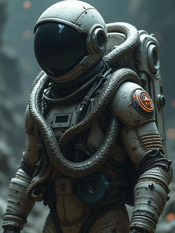 Astronaut merged with snake-like alien in space. Tentacles wrapping around limbs and helmet. Hybrid of skin and metal. Dark sci-fi background. Detailed art with moody lighting. Organic textures present.