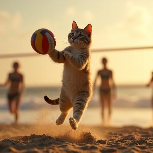 A photorealistic scene featuring a cat playing beach volleyball. The cat is mid-action spiking a volleyball while airborne. In the background, there are human-shaped silhouettes on a professional volleyball court. The scene captures the sunset with warm golden hues lighting the playful atmosphere. Sand sprays around the cat's paws as it leaps in excitement. Ocean waves are visible behind the court. This scene reflects an energetic and playful mood.