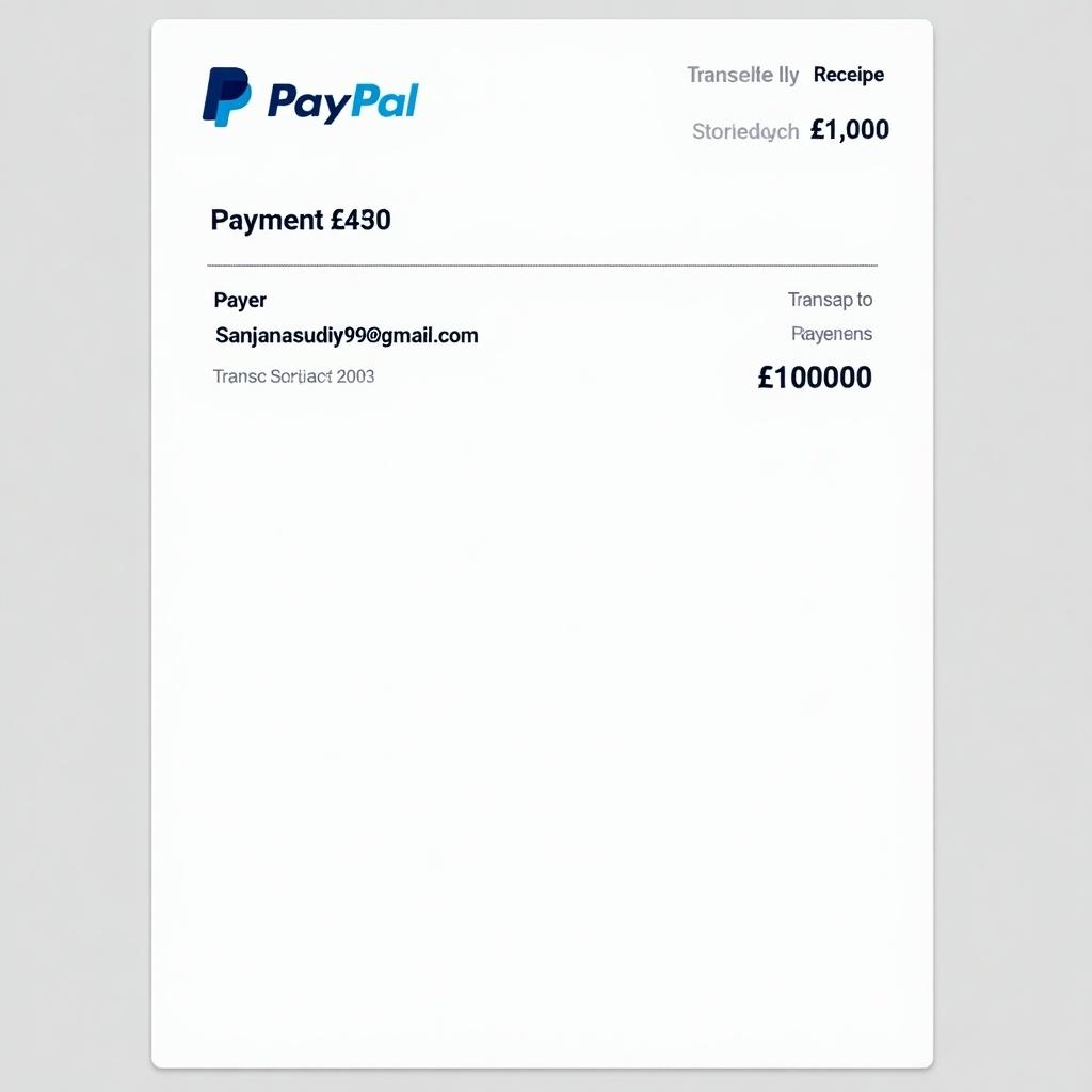 Image of a PayPal payment receipt. Receipt displays a transaction for £10000. Payer email is Sanjanasudiya90@gmail.com. Document has a clean and professional design. Includes PayPal branding and transaction information.