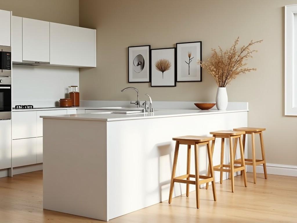 This image features a modern and minimalist kitchen that emphasizes a neutral color scheme. The kitchen showcases white cabinets and a matching countertop, complemented by light wood flooring. At the center, there's a white island with three wooden barstools, topped with a stylish vase of dried branches and a small bowl. Above the island, framed art pieces add character against the beige wall. To the left, a sleek white oven and microwave sit beside an elegant sink. The overall atmosphere is enhanced by soft, natural light, creating a cozy and inviting vibe.