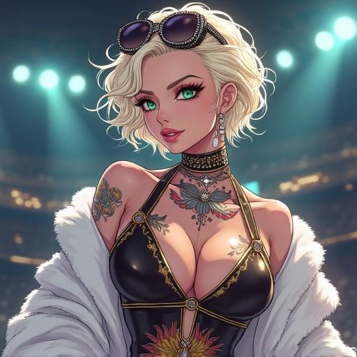 Anime artwork featuring a 67 year old woman with emerald green eyes and short elegant light blonde curly hair. Jewelry includes light pink diamonds. She stands in a luxurious martial arts arena wearing a modern ninja grandmaster kimono and a white mink fur coat. The character has a muscular build, big breasts, and a cybernetic right leg. Light pink lipstick and accessories include piercings and sunglasses. Traditional Japanese tattoos are visible. Vibe is of being an A-list celebrity in Seoul at night during summer.
