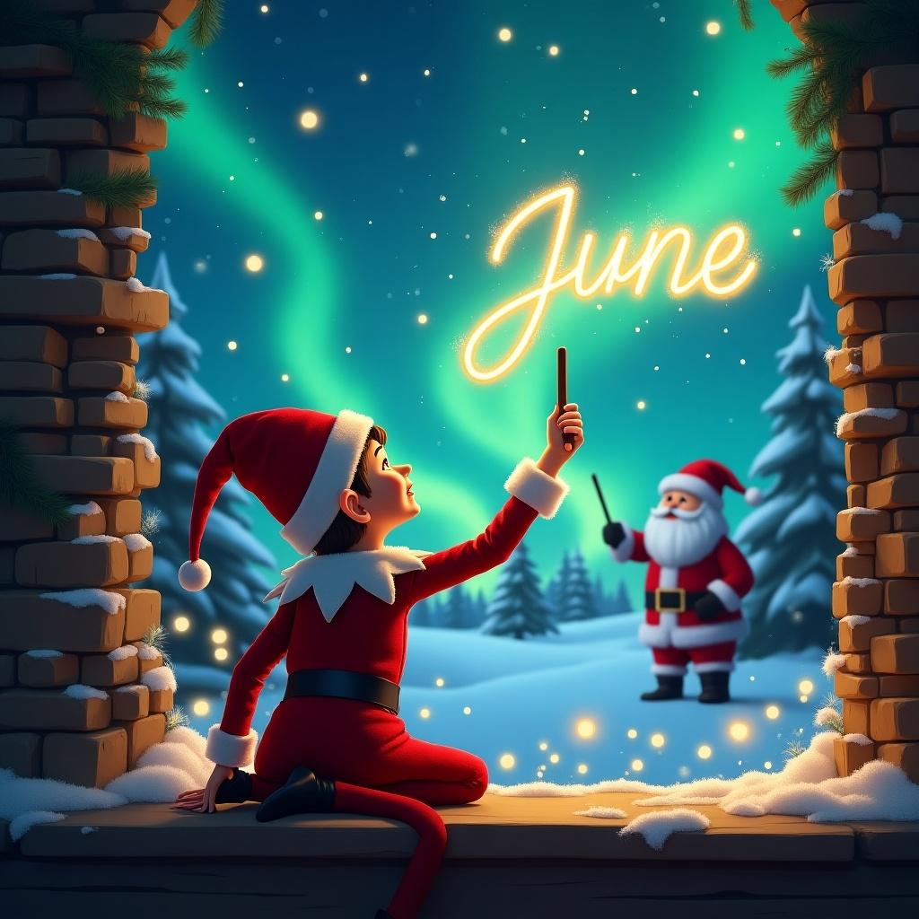 The image features an 'Elf on the Shelf' character with his back turned, facing a mesmerizing sky. He is using a wand to inscribe the word 'June' among sparkling lights. The background sets a magical Christmas scene adorned with the vibrant colors of the northern lights. Behind him, Santa Claus stands cheerfully, contributing to the festive atmosphere. Snow-covered trees complete the whimsical winter wonderland. The overall scene is enchanting, blending Christmas magic with a playful surprise.