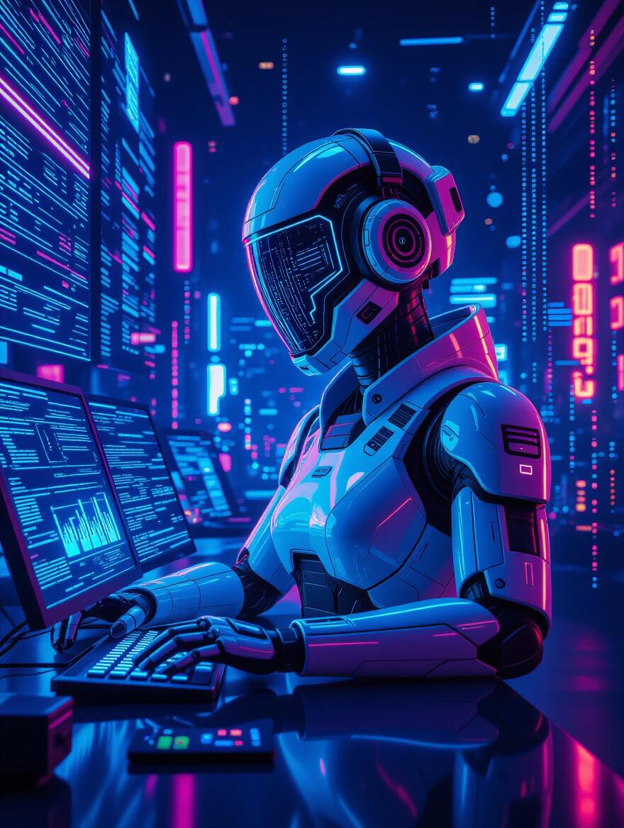 Digital illustration of a humanoid AI trading forex. Scene set in a futuristic virtual space. Ai shows realistic human-like features. Vivid neon lighting creates a high-tech ambiance. Digital screens display trading data and analytics. Art style embodies cyberpunk and sci-fi influences. High resolution for detailed imagery.