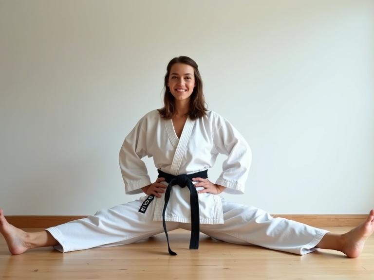 Casual photo of a young adult woman in a white karate gi with a black belt. She is seated on a wooden floor in a full split pose. One leg is extended forward and the other backward. Both hands on hips showing focus on flexibility training. She smiles proudly showing fitness and athletic physique. Soft indoor lighting with a plain wall background.