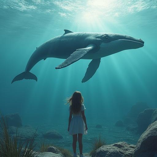 Girl gazes at humpback whale soaring above the ocean surface. Scene captures a mystical, dreamy essence related to ecology and extinction issues. High cinematic quality.