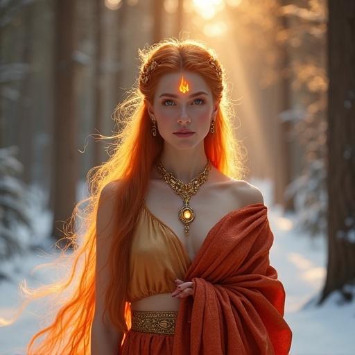 Mature female fire spirit stands facing forward in full view calm loving expression soft gentle facial contours warm ember-orange glowing eyes small flickering flame sigil glowing red-gold on forehead hair flows in golden amber flame-like waves elegant robe platinum deep crimson reaches knee-length back flowing asymmetrically adorned intricate gold amber jewelry background snowy mystical forest scene majestic sacred warmly radiant