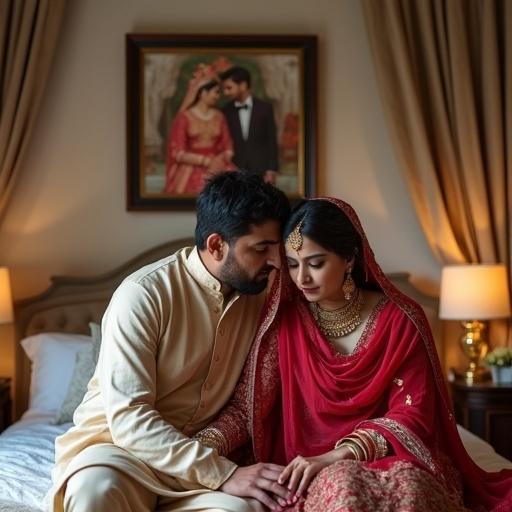 A Pakistani couple experiences infertility struggles in a luxurious bedroom. The wife is in traditional attire, looking sad. The husband comforts her. A wedding photo shows their past joy. The scene evokes emotional sadness and empathy.