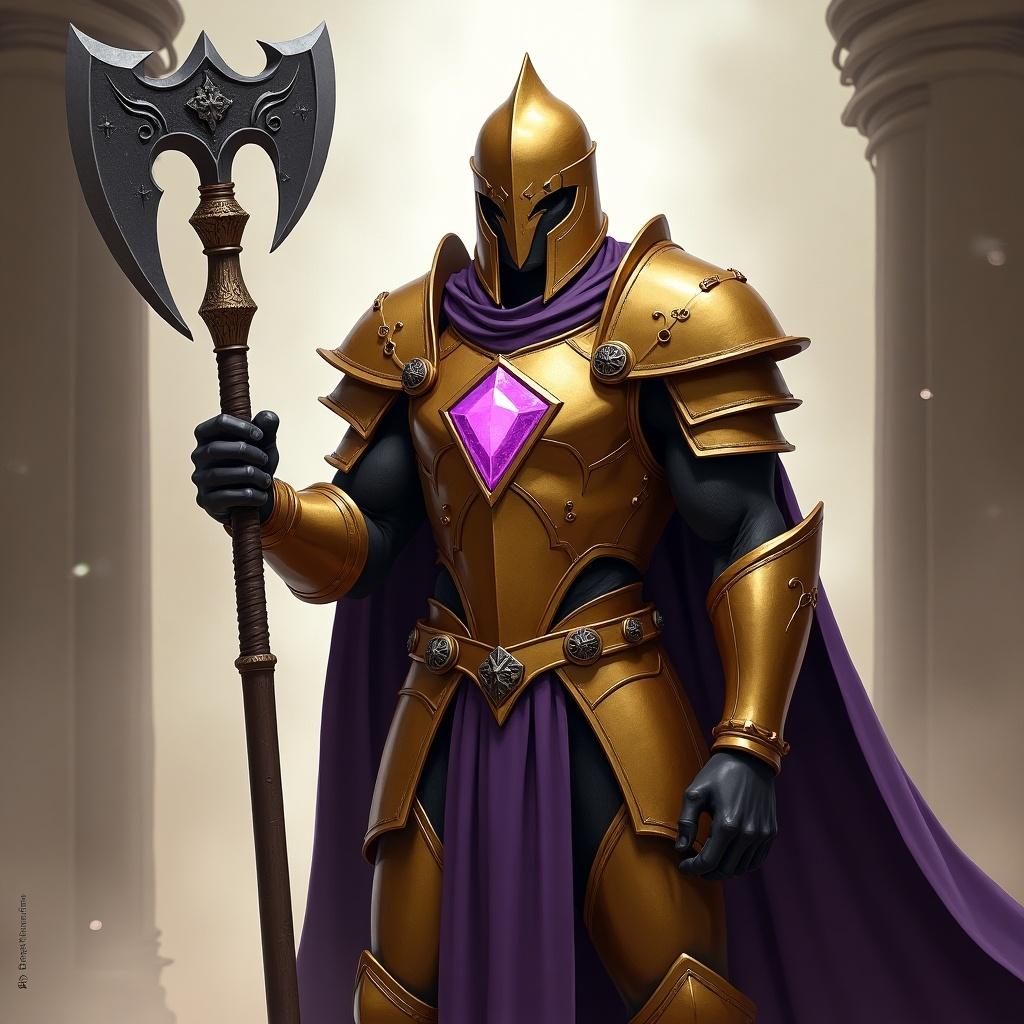 Tall goliath paladin soldier in golden armor. Armor features a glowing purple gem on chest. He holds a large Greataxe. Background has soft dramatic lighting.