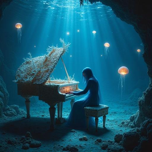 A glowing piano made from whalebone and coral in an underwater scene. A ghostly pianist plays while glowing jellyfish drift around. Ancient sea spirits are in the background. Bioluminescent light illuminates the pianist, creating a fantasy atmosphere. Highly detailed and magical.