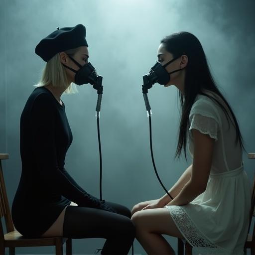 A blonde woman in black attire connected to a machine. She smiles ironically. A young woman in a white dress looks serious. Both breathe gas through masks. The setting is a dark room filled with white smoke. The blonde woman stares at the younger woman.