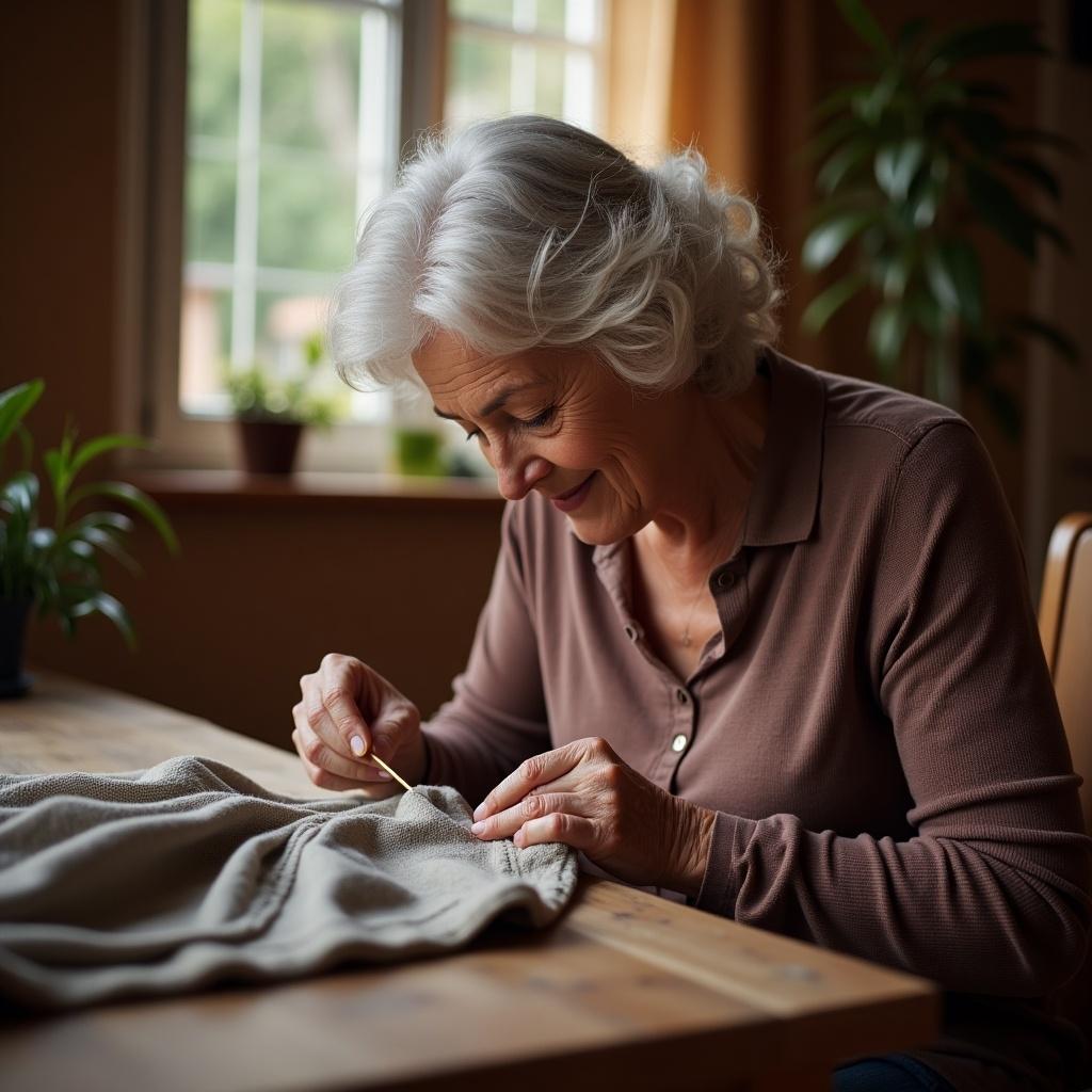 An elderly grandmother is seen intently mending a garment at a wooden table. She uses a needle to repair a piece of fabric, showcasing her skill and concentration. The room is warmly lit with soft, natural light filtering through a window, creating a cozy atmosphere. Potted plants add a touch of life to the background, further enhancing the inviting setting. The surroundings reflect a homey, comfortable space, emphasizing the art of sewing and mending in everyday life.