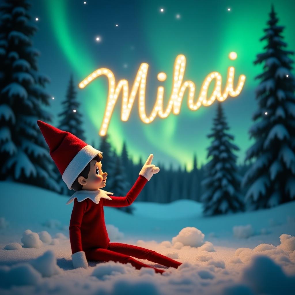 An enchanting outdoor scene featuring an elf on the shelf sitting on a snowy ground. The elf is wearing a red outfit with a white collar and is pointing to the sky. The name 'Mihai' appears magically in golden light above the elf. The background is aglow with vibrant northern lights. Surrounding pine trees enhance the festive feel of the scene. This image beautifully captures the joy and spirit of the holiday season.