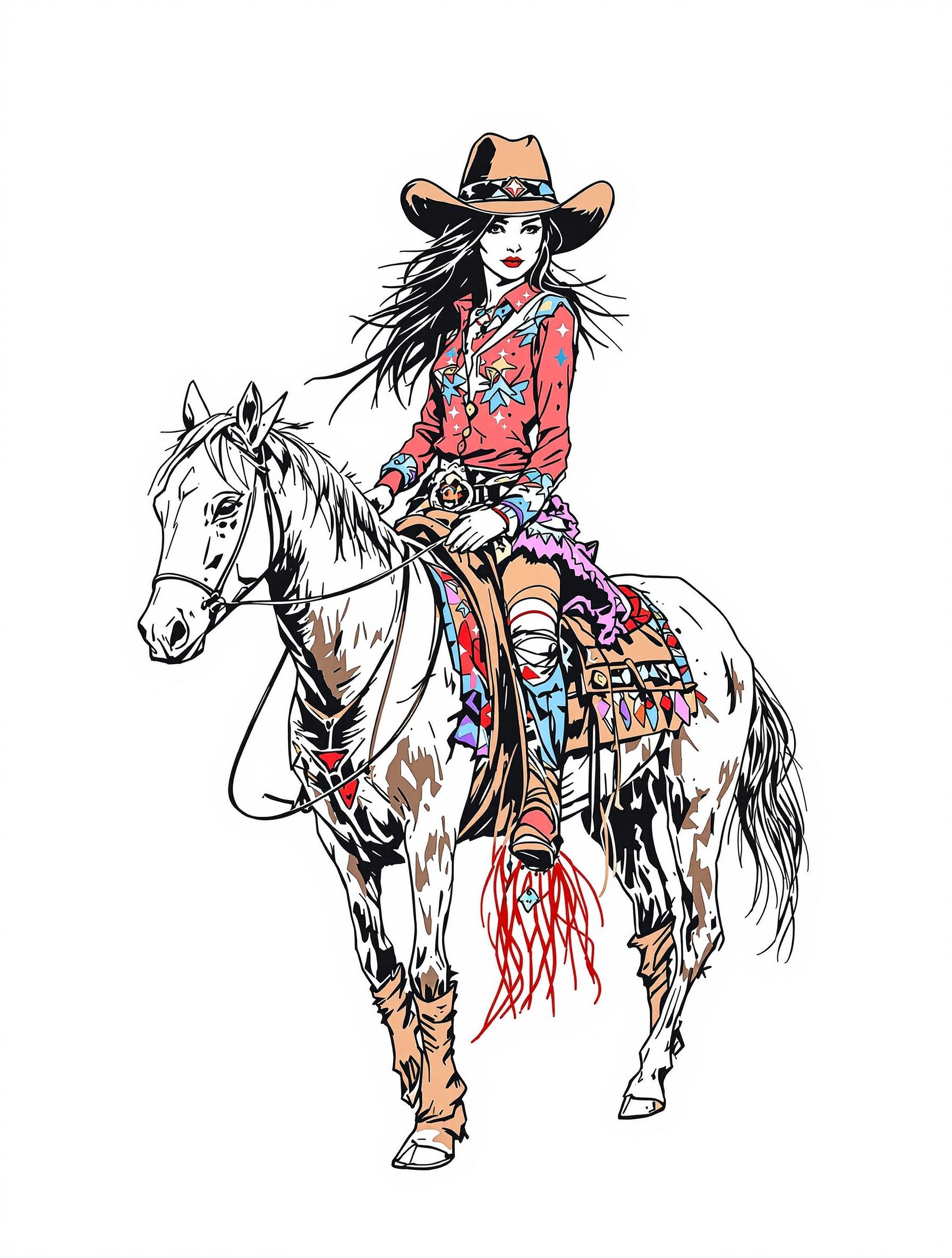 Clipart of a rodeo cowgirl. Hand-drawn illustration. Bohemian graphic style. Isolated on white background.