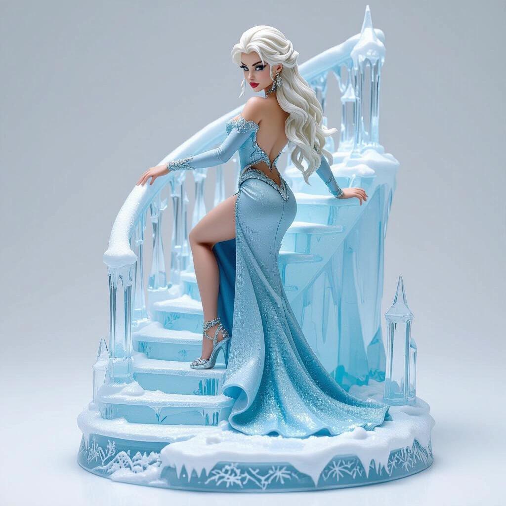 Ultra-detailed resin figurine of an Ice Sorceress ascends an ice staircase. She turns her gaze back. Long white blonde hair, icy-blue eyes, elegant makeup. Wears a sparkly whitish-blue dress with a plunging neckline and leg slit. High heels, ice crystal jewelry. Base features intricate staircase and snow textures.