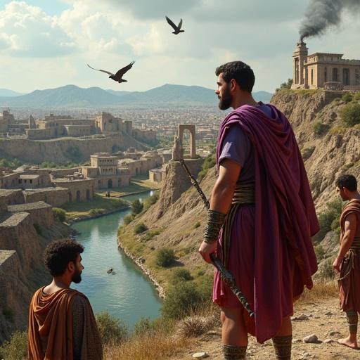 Hyperrealistic photograph depicting Romulus founding Rome. Roman king wearing toga praetexta. Augurs observing flight of eagles. Primitive huts in background. Tiber River flowing below. She-wolf statue with twins. Roman citizens in wool tunics. Smoke from altars. Seven hills of Rome in view.