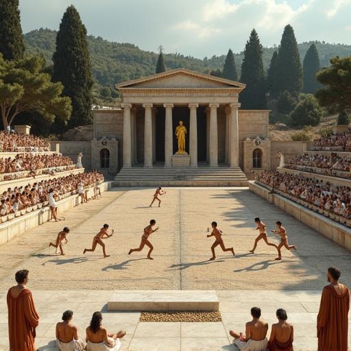 Hyperrealistic photograph of the first Olympic Games at Olympia sanctuary. Greek athletes racing in minimal clothing. Marble starting blocks featured. Spectators in white chitons and himations seated. Temple of Zeus with a golden statue seen through columns. Olive wreaths for victors visible. Priests in ceremonial robes included. Sacred olive tree and marble statues of gods surrounding the scene. Mediterranean pine trees in the background.