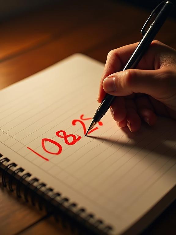 Top-down view of a hand underlining a date in a notebook with red ink. Warm dramatic lighting enhances the composition.