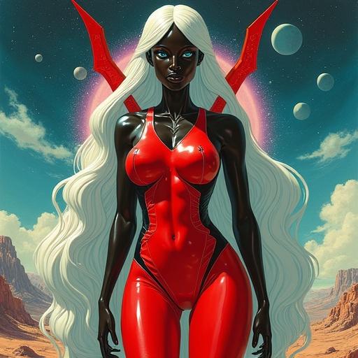 Female character with exaggerated features standing on a new planet. Wearing a red bodysuit with black details and Star Trek logo. Long white hair and blue eyes. Set in a hyper futuristic outdoor scene.