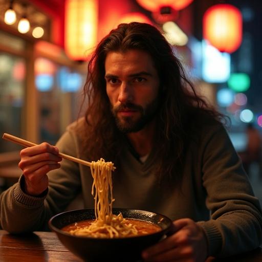 Close-up of a man in a noodle shop at night. He has long hair and is eating a steaming bowl of ramen. Warm lights from hanging lanterns illuminate the scene. He holds chopsticks and is wearing a comfortable sweatshirt. The atmosphere is cozy and inviting with shadows creating depth. A cinematic style with high contrast.