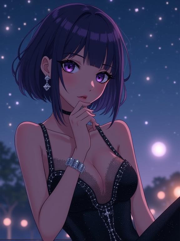 Anime lady with short dark violet hair and bangs. Purple eyes and fair skin. Elegant makeup and black sparkly evening dress with rhinestones. Sheer mesh neckline and luxury earrings. Silver bracelet shown in a confident pose with hand on chin. Sitting outdoors under a starry night sky. Glowing ambient lighting and subtle bokeh for a serene atmosphere.