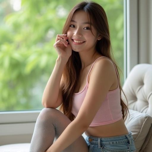 Young woman with long brown hair sitting in front of a large window with a green blurred background. She has fair skin and a shapely figure. Wearing a pink crop top and denim shorts with gray dotted stockings. Smiling with a hand gesture. Soft natural light creates a warm atmosphere. Focus on her figure in high detail.