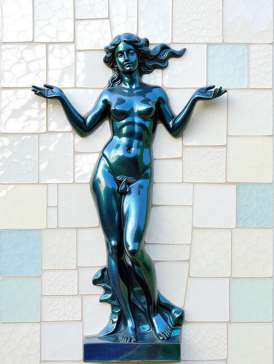 Sculptural figure stands against a backdrop of iridescent ceramic tile and glass mosaic. The sculpture has an abstract and ethereal quality. The use of encaustic mixed media gives it a unique texture. The style is reminiscent of Rodin's evolution of form, focusing on the beauty and complexity of the human body.