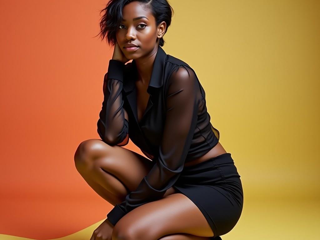 A stylish young woman squatting gracefully, showing confidence and poise. She is wearing a sheer black blouse that adds an element of elegance. Her outfit is completed with a sleek black skirt, enhancing her figure. The backdrop features vibrant colors, creating a striking contrast with her dark skin. Her short hair is styled in a modern way, framing her face beautifully.