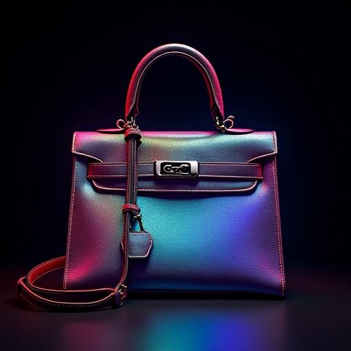 Digital illustration of a Kelly bag made of iridescent leather with dynamic lighting effects.