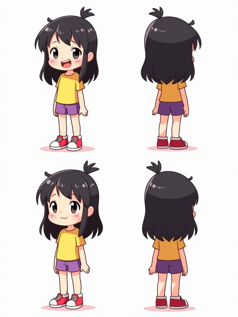 Chibi cartoon character turn-around sheet featuring a cheerful girl with long black hair. Girl wears a yellow t-shirt purple shorts red sneakers. Show front 3/4 front side 3/4 back and back views.