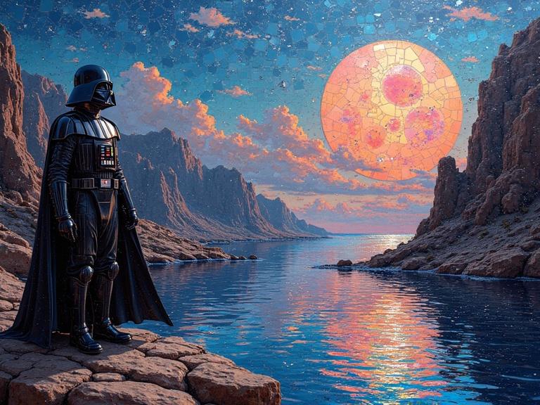 Darth Vader stands on rocky terrain near a river. A massive colorful moon illuminates the scene. The surrounding landscape features abstract elements and vibrant colors reminiscent of a mosaic.