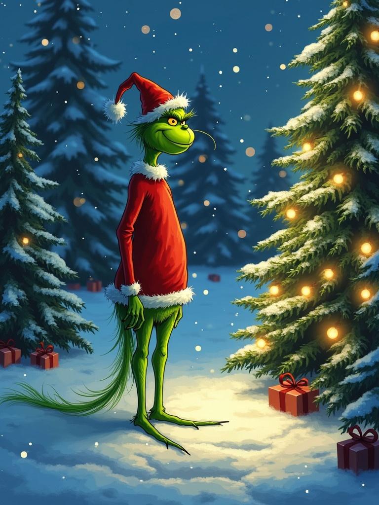 Grinch stands outside in the snow. Surrounded by Christmas trees. Lights decorate the trees. Grinch writes in the snow.