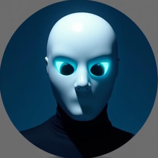 Close-up portrait of The Architect designed as a circular YouTube profile picture. Shot from the chest up and perfectly centered. Head slightly tilted down. Featureless white porcelain mask covers the face without a mouth or nose. Two sharp, almond-shaped eye-holes with cyan light glowing. Solid dark indigo background. Dramatic lighting creates sharp shadow across mask.