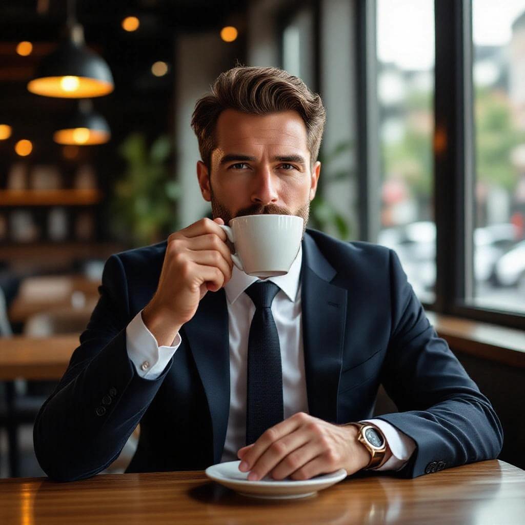 A businessman is drinking coffee in a café. He is wearing a dark suit and looks serious while enjoying his drink. The setting has large windows with natural light.