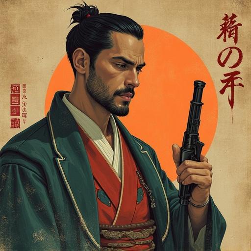 Samurai warrior holding a firearm against a red circle background