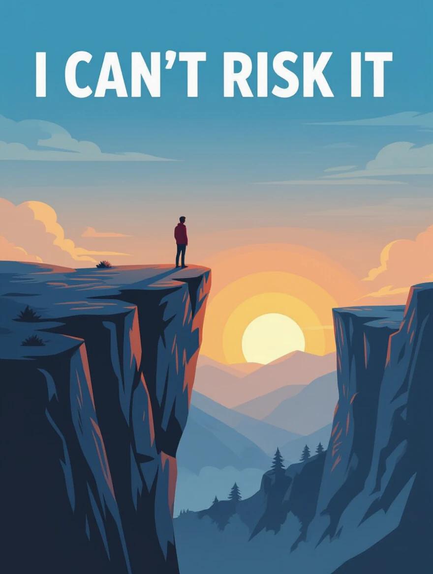 Image of a person standing on a cliff edge looking down nervously. The sunset creates a warm background. Represents fear of taking risks.