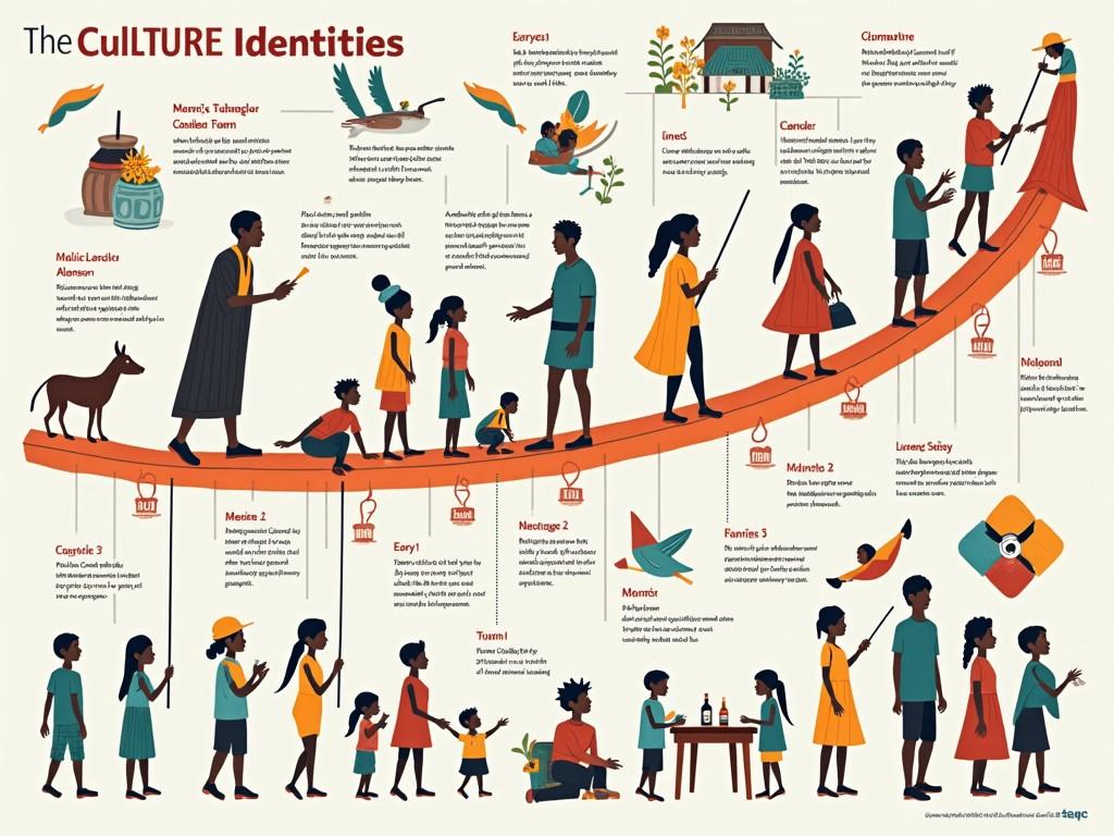 This infographic illustrates the various stages and elements involved in the development of cultural identities. It features a colorful curve that represents the journey individuals take in shaping their cultural understanding. Various characters are depicted engaging in significant cultural practices across different time periods. The use of symbols and activities highlights the diversity and complexity of culture. This engaging design aims to educate viewers about how identities are formed and expressed within communities.