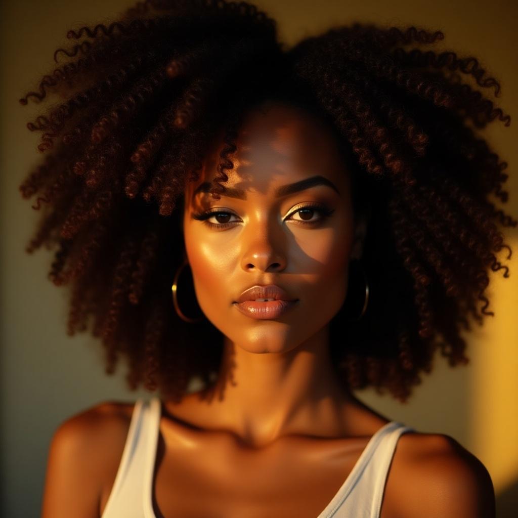 A woman with voluminous natural hair and glowing golden makeup gazes directly at the camera.