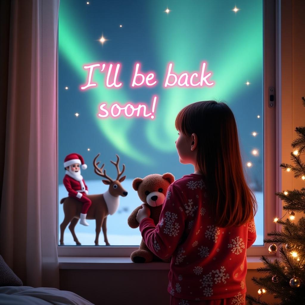 A young girl with brown hair wearing Christmas pajamas stands by a window, holding her teddy bear. The scene is magical, with an elf writing 'I'll be back soon!' in sparkling pink light. Outside, you can see Santa Claus, reindeer, and another elf, all set against a stunning backdrop of northern lights. The window is decorated with twinkling lights and a Christmas tree nearby, enhancing the festive atmosphere. This charming holiday moment captures wonder and joy perfectly.