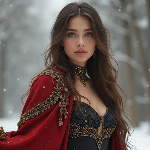 A model poses in an elegant red gown with intricate designs. The background is a snowy scene. The attire features a black bodice, combining sophistication with winter elegance.