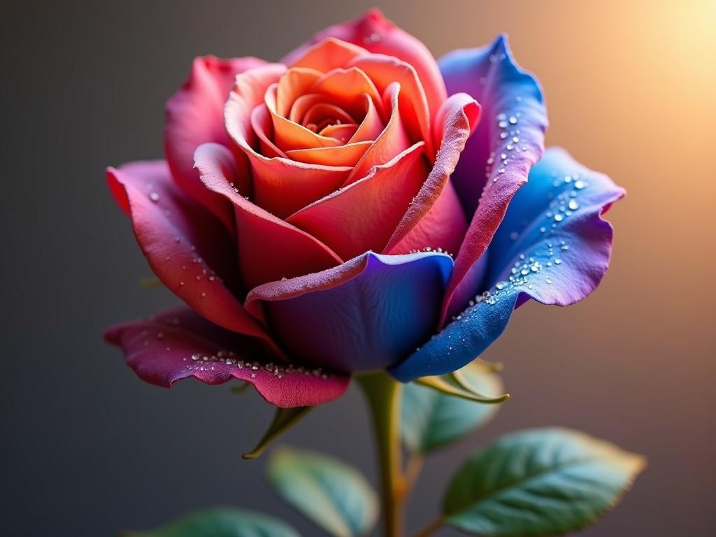 A stunning image of a rose with petals in vivid shades of pink, red, and blue, adorned with dewdrops, creating an enchanting and surreal effect. The lighting accentuates the texture and colors of the petals, set against a softly blurred background that transitions from warm orange to cool gray. The image evokes a sense of tranquility and wonder, capturing the delicate beauty of nature.