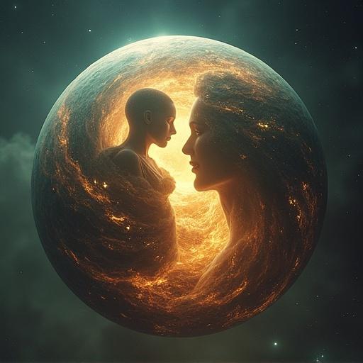 A mythical and perfect sphere displays human forms blending harmoniously. Elements of a man and a woman unite in a single artistic representation. The sphere emits a warm glow, surrounded by cosmic visuals.