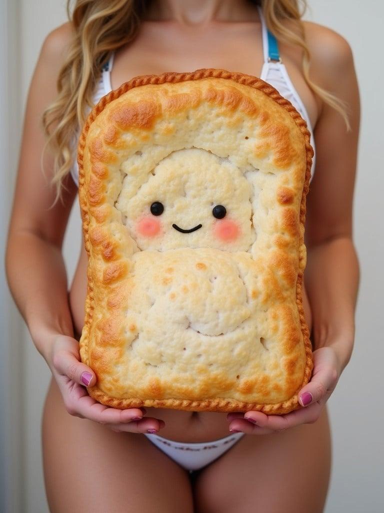 A model holds a large poptart-shaped pillow with a smiling face. The poptart looks soft and fluffy. The background is simple to keep focus on the poptart. The model is in a bikini showing the playful nature of the image.