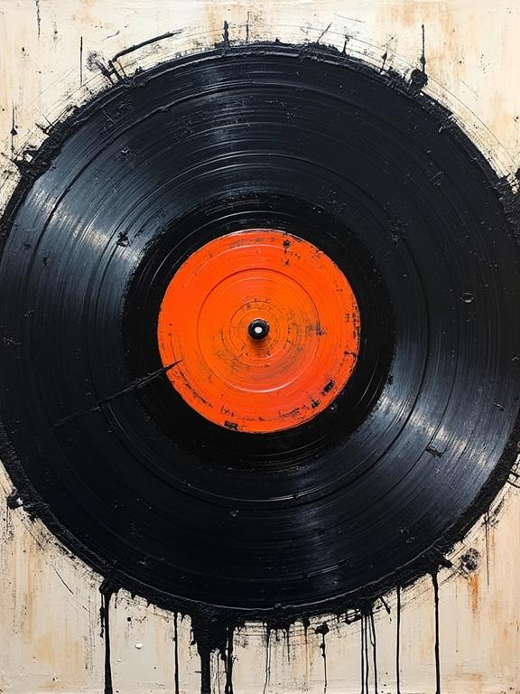Abstract expressionist oil painting featuring a vinyl record. The record is depicted with rough brush strokes. The entire frame is filled, edge to edge, creating an incomplete silhouette style.
