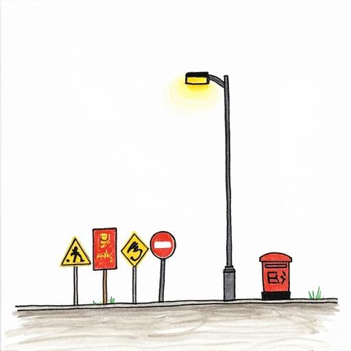Children's drawing depicting a lamp post with a yellow light, a red post box, and various traffic signs. Signs include pedestrian, caution, and no entry signs, all separated from each other.