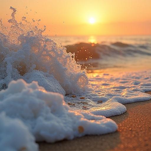 Waves crashing on the beach with foam and shells in the foreground. The sun sets on the horizon creating a golden light. Warm colors reflect off the water. Beautiful coastal scenery at sunset.