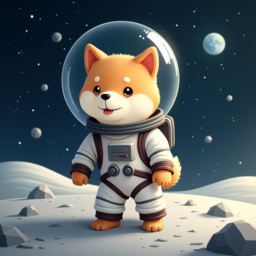 Cute shiba inu dog in astronaut suit on the moon's surface with craters and stars in the background