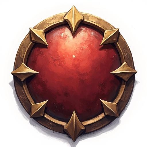 Icon representation of a round shield designed for fantasy card games with a distinct paint style. Features a red surface and spikes. Styled to resemble elements commonly found in World of Warcraft. Transparent background.
