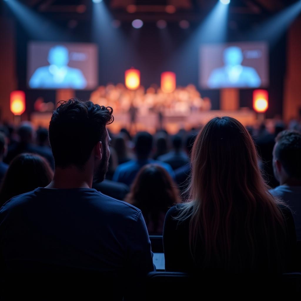 Bored audience in a large hall watching a presenter on stage. The scene shows the back of two people in the foreground. The audience is engaged in an event with stage lights illuminating the performer and presentations on screens.